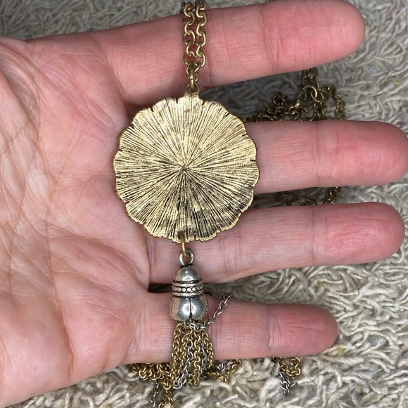 STAMPED METAL ANTIQUE GOLD STYLED CHAIN CELESTIAL LARIAT NECKLACE SILVER ACCENTS - Picture 2 of 6